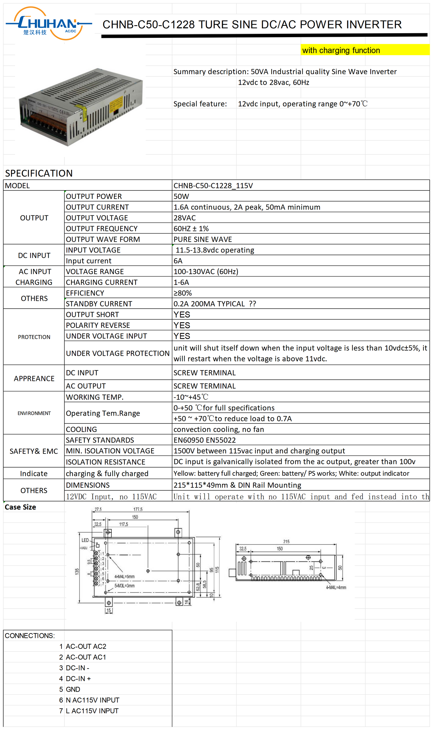 50VA Industrial quality Sine Wave Inverter 12vdc to 28vac with charging