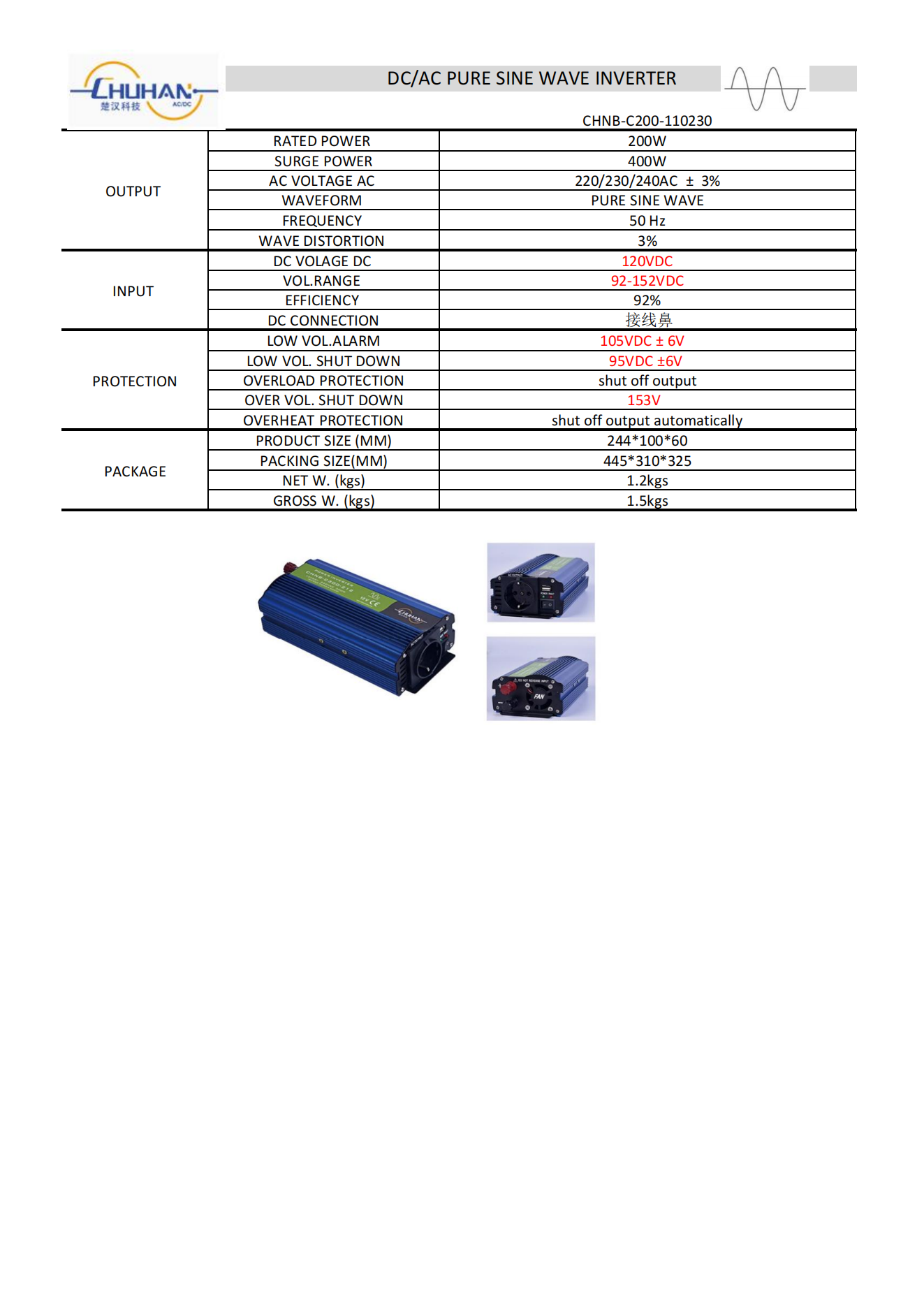 Pure sine wave 200w 110vdc to 230vac